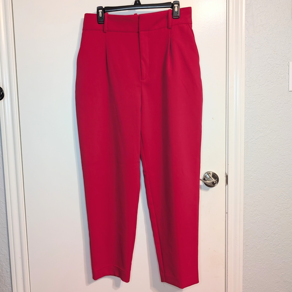 Zara Tailored Ankle Pants Pink Red Slim Crop Trousers High Rise Womens L